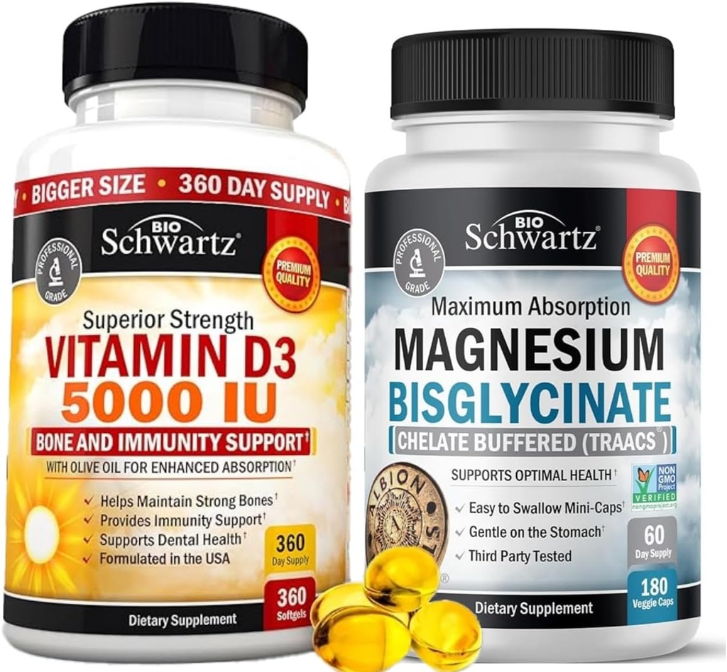 Hög styrka vitamin D3 5000 IE 125 mcg (1 års leverans) Plus High Absorption Magnesium Bisglycinate Capsules (2 månads leverans)