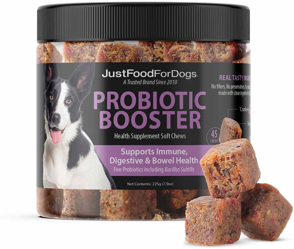 JustFoodFogs Probiootti Booster Gut Health Soft Chews täydennysosa koirille, Ruoansulatuskanavan tuki, ripuli, Human Grade Ingredients - 45 Count