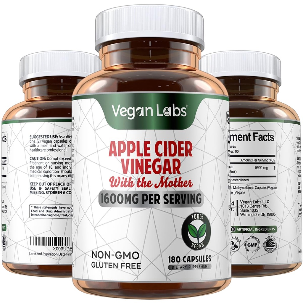 Vegan Labs Apple Siideri Viinietikka Kapselit Äiti- 180 Vegaanikapselit, 1600MG Per Serving- 100% Natural ACV pillereitä- tukee terveellistä digestiota, Keto, painonhallinta, Detox, ja immuunijärjestelmä