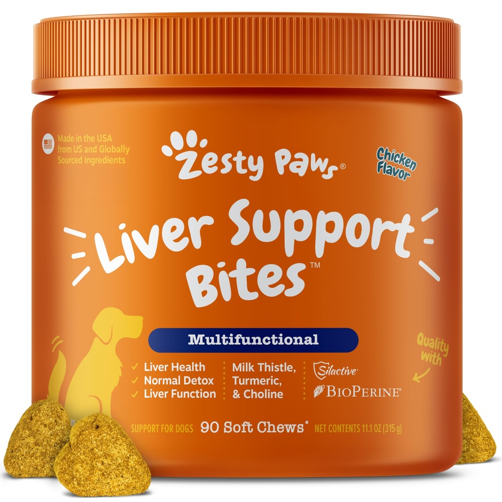 Zesty Paws Liver Support Supplement for Dogs - Maito Thistle Extract, Turmeric Curcumin, Choline - Soft Chew Formula - koiran maksan toiminta