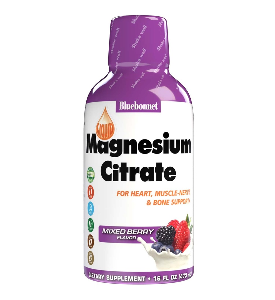 Bluebonnet Nutrition Magnesium Citrate 420 mg - Calm Mind & Body * - Stöder Hjärta, Muscle & Sleep * - Non-GMO, Vegan, Kosher, Gluten-Free, Soy-Free, Milk-Free - 16 FL OZ, Mixed Berry Flavor