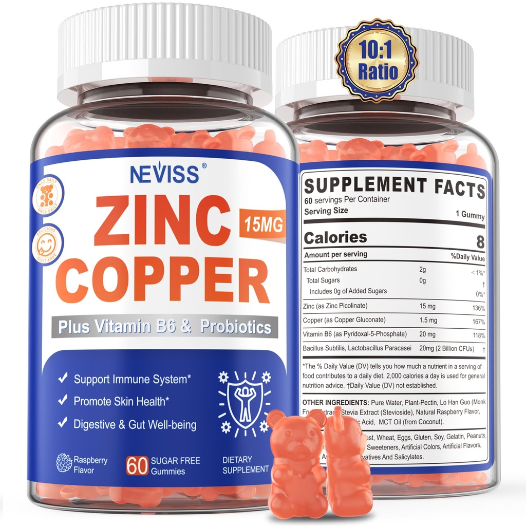 Zink Gummies med koppar + probiotika, vitamin B6 för Max Absorption, Zink Supplements för män och kvinnor, två väsentliga mineraler balansformel för immunitet och gut hälsa, Vegan, icke-GMO, 120 Cts