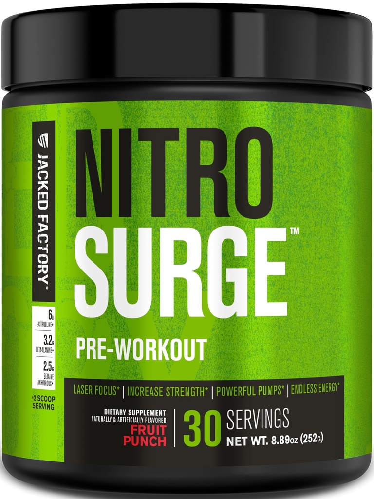Jacked Factory NITROSURGE Pre harjoitus täydentää - Loputon energia, pikavoimaa voitot, selkeä Focus & Intense pumput - NO Booster & Tehokas Preworkout Energy Powder - 30 tarjoilut, hedelmäpunch