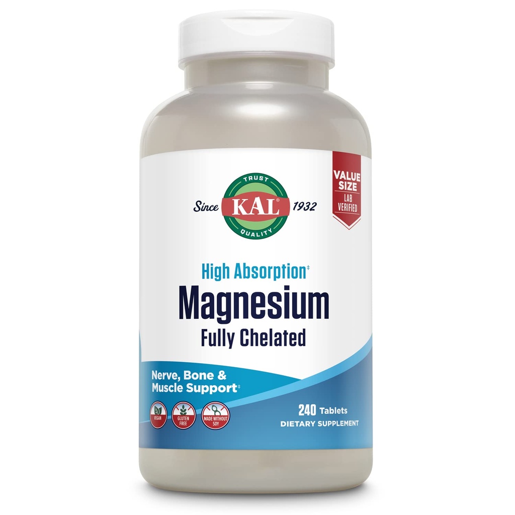 KAL Magnesium Glycinate Tabletit, täysin kelated, suuri imeytyminen Formula magnesium Bisglysinaatti Chelate Nerve, Lihas- ja luuterveyden tuki, vegaaninen, gluteeniton, arvo koko, 240 tablettia