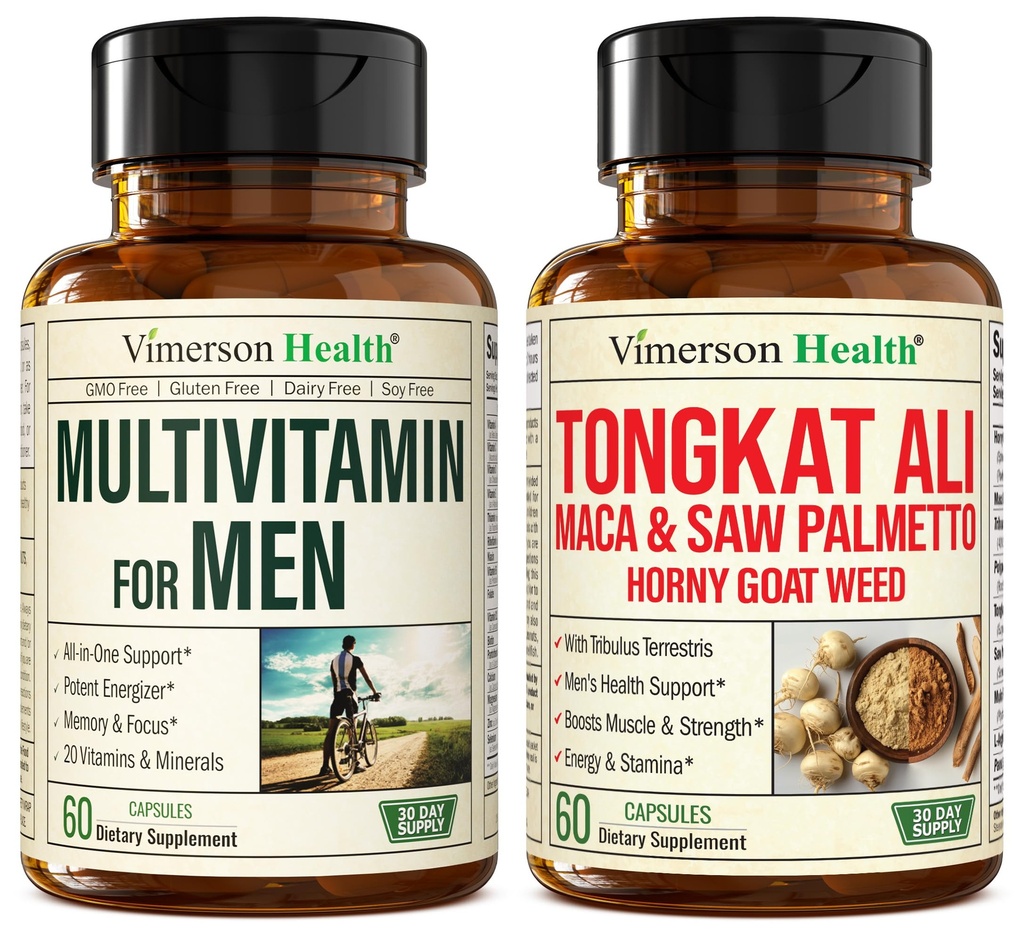 Vimerson Health Multivitamin för Män & Tongkat Ali för män med Horny Goat Weed, Maca Root Powder, Tribulus Terrestris, Saw Palmetto Extract