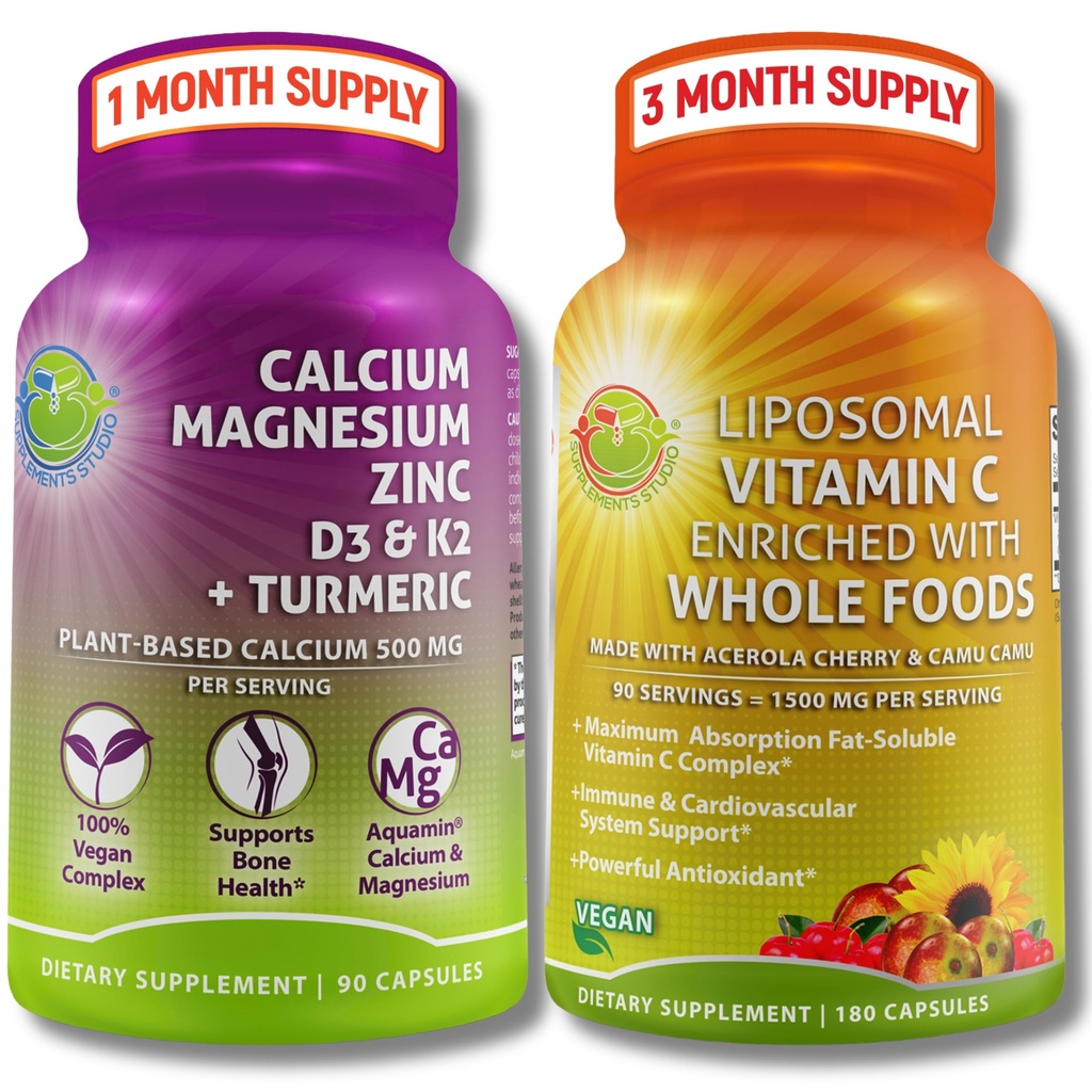 Plant-Based Bone & Immune Support Supplement Bundle - Liposomal Vitamin C 1500mg med organisk Acerola & Camu Camu + Calcium Magnesium Zink med vitamin D3, K2 & Turmeric - Vegan, icke-GMO