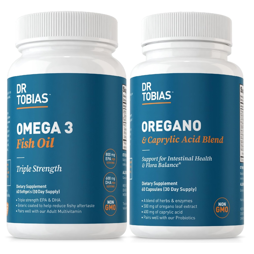 Dr Tobias Omega 3 Fish Oil och Oregano & Caprylic Acid Supplements, stöder hjärta, hjärna, immun med Gut Flora Balance Complex & Intestinal Health för kvinnor & Men