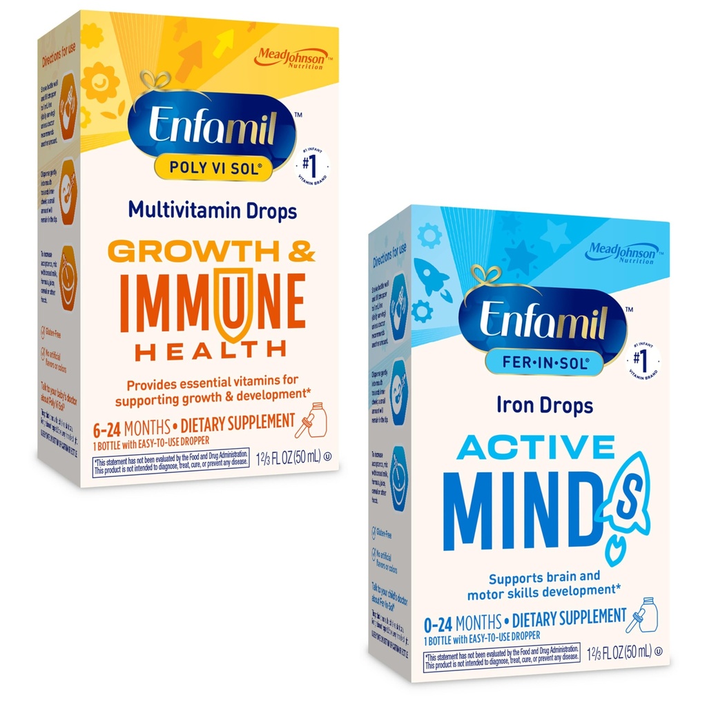Enfamil Poly-Vi-Sol ja Fer-in-Sol Iron Liquid Drop Monivitamiinilisät lapsille ja pikkulapsille, 2x50 ml Dropper pullo