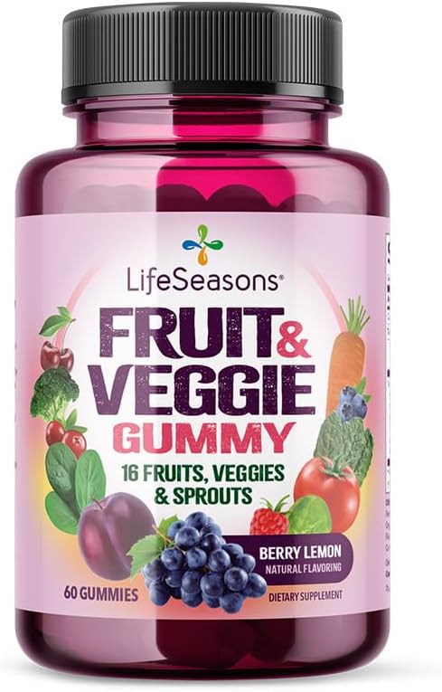 LifeSeasons Fruit & Veggie Gummy Supplement - 16 Fruits Vegetables & Sprouts - Vitamins Minerals & Antioxidanter - Näringsstöd för immunitet & Wellness - 3X Mer potent - 60 Gummies