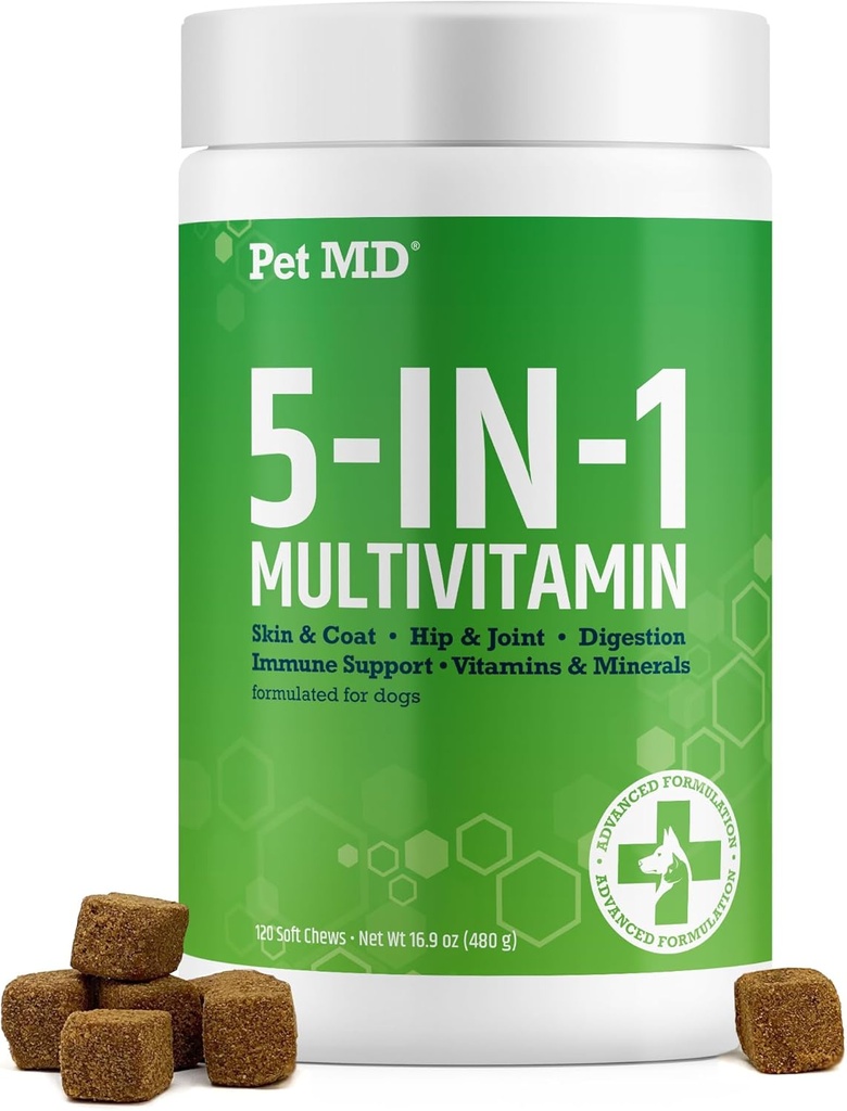 Pet MD 5in1 Dog Multivitamin - 30 Vitaminer, mineraler och näringsämnen för hud och rock, Hip & Joint, Digestion, Immune & Senior Dog Vitaminer - Glukosamin, Omega 3 6 9, & Probiotika - 120 ct