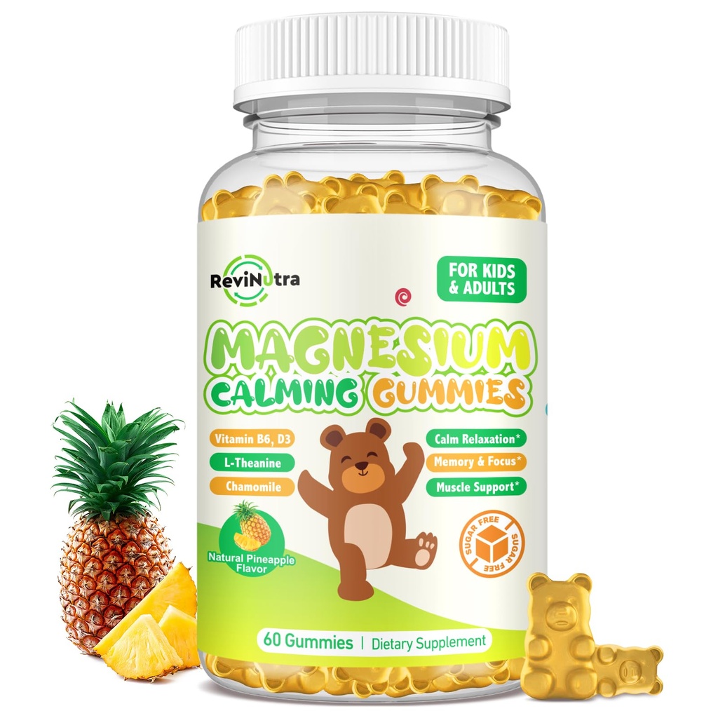 Magnesium Gummies lapsille - Magnesium Glycinate Gummies täydentää L-Theanine, B6-vitamiinia aikuisille ja lapsille, rauhoittaa magnesium uni, rentoutua, aivot, luut, sokeriton ananas 60ct