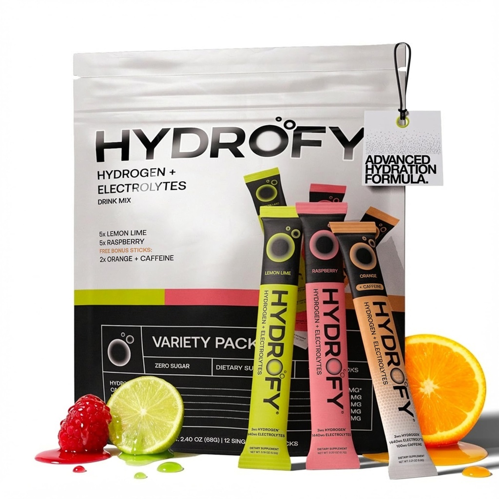 Hydrofy Vety Vesi + Elektrolyyttejä Juoma Mix - Variety Pack . H2 Hydraation Packetit molekyylivetyä, natriumia, kaliumia, magnesiumia, vadelmaa, appelsiinia + kofeiinia.