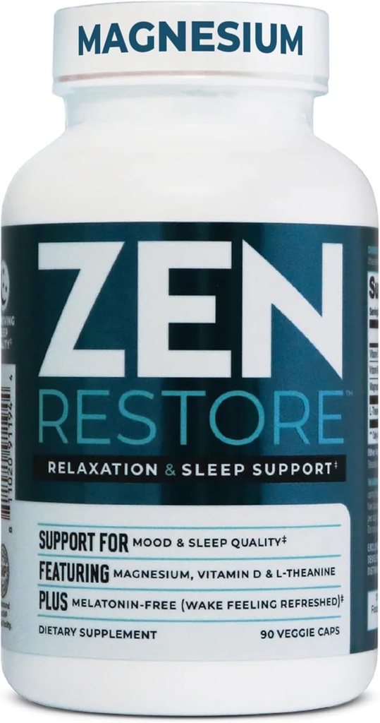 Nutrology Zen Återställ Magnesium Supplement, 400mg Magnesium Malate Per Dose med vitamin D3, L-Theanin, främjar avkoppling, muskelåterhämtning och adrenal hälsa, Hög Absorption Supplement, 30 portioner