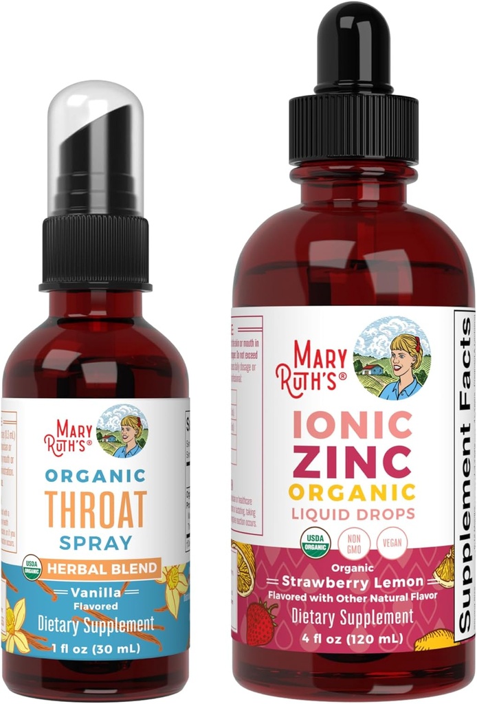 MaryRuth Organics Throat Spray (Vanilla) & Zink Drops (Strawberry Lemon) | USDA Organic, Clean Label Project Verified® | Vitaminer för Throat Relief, Immunity & Overall Health | Vegan, Non-GMO