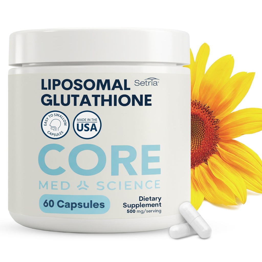 Core Med Science Liposomal Glutatione Supplement (500 mg, 60 kapselia) - Pure Alennettu Setria Fospholipid Complex - Antioksidantti täydentää energiaa, aivojen terveys, ihon ja maksan terveys