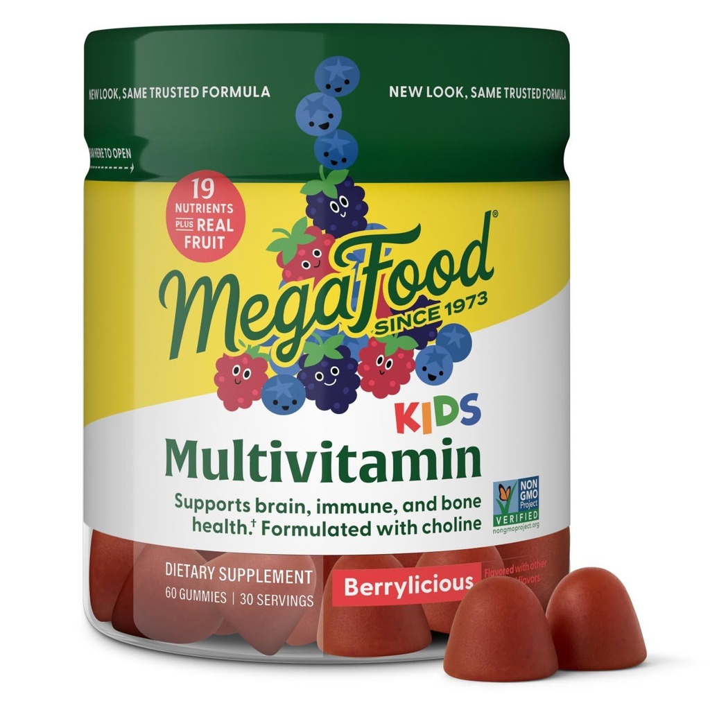 MegaFood Kids Multivitamiini Gummies - Lapset Vitamiinit - Ikä 4+ C-vitamiinia, D-vitamiinia, Sinkkiä, Koliinia ja Real Fruit - Brain & Immuuni tuki - Berrylicious Flavor - 60 Gummies (30 tarjoilua)