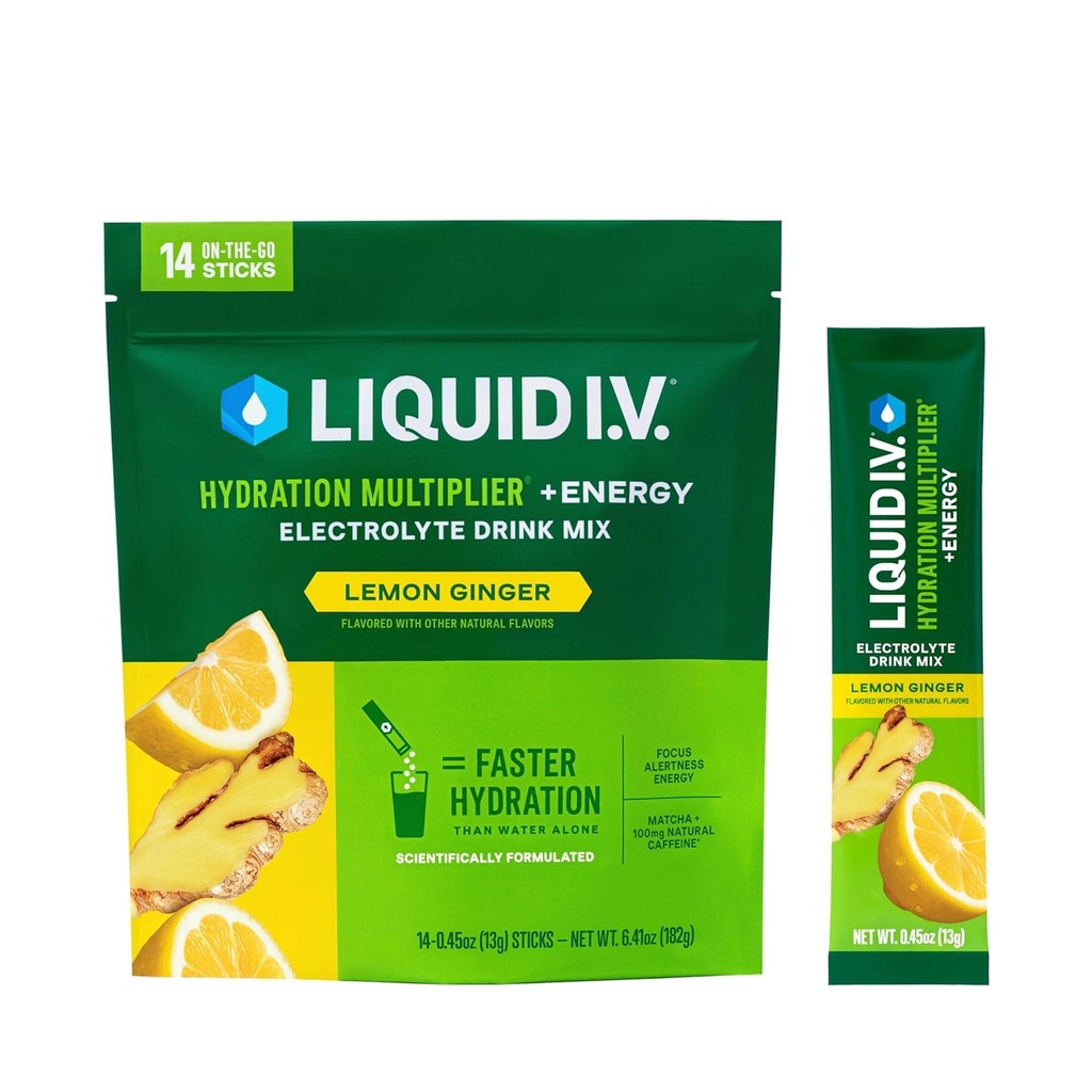 Liquid I.V.® Hydration Multiplier +Energy - Sitruunan inkivääri ... Elektrolyyttijauhe Drink Mix 1 pakkaus (14 tarjoilua)