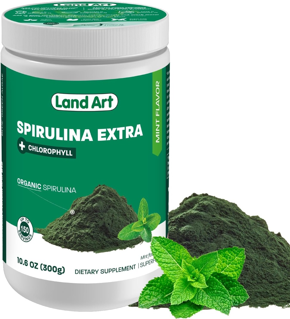 Land Art Organic Spirulina Extra Powder - Minttu maustettu - 100% Pure - 75 Tarjoilut - Superfood - Hyvä maku ja hyvä haju - 10% Bioaktiivinen klorofylli - Tehokas lähde antioksidantteja