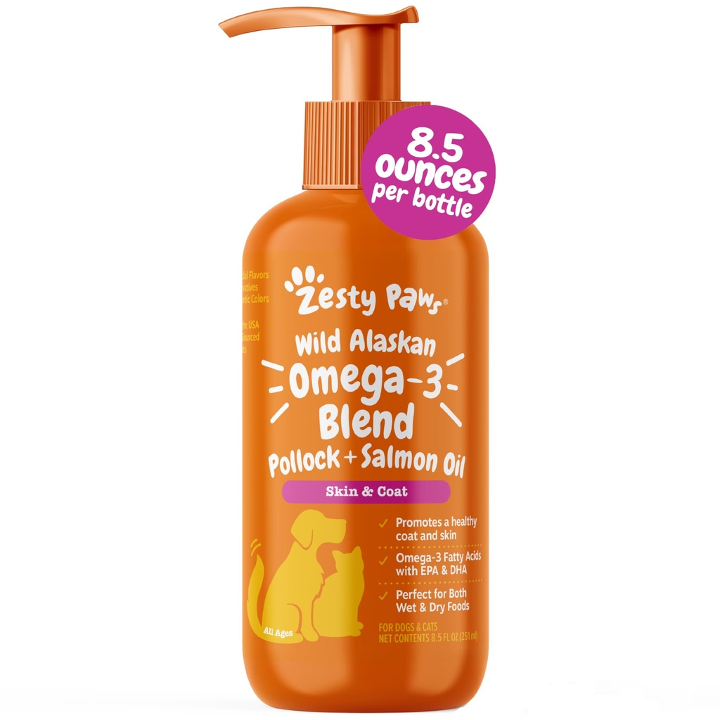 Zesty Tassut Wild Alaskan Omega-3 Blend Pollock + Lohi öljy koirille ja kissat- iho ja takki tuki, Omega 3 täydentää lemmikkieläimet, 8.5oz