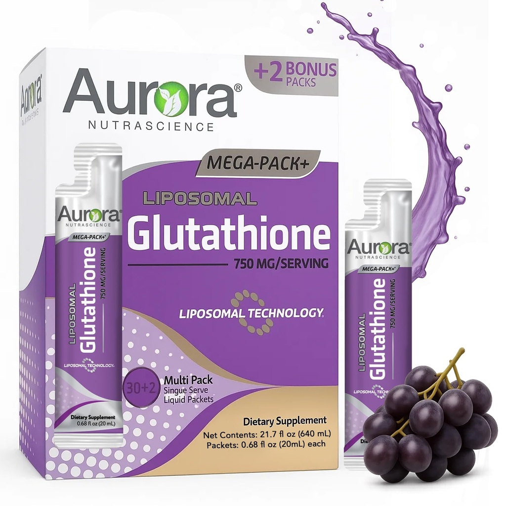 Aurora Nutrascience Mega-Liposomal Liquid Glutatione, Immuuni- Antioksidantti Gut Health Support Supplement, 750 mg per Serving, ei-GMO, Sokeriton, 32 Single Serve Packets