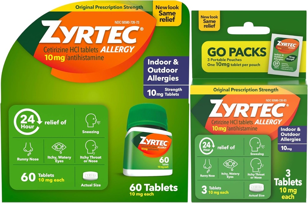 Zyrtec 24 Hour Allergy Relief tabletter, inomhus och utomhusallergimedicin med 10 mg Cetirizine HCl per Antihistamine Tablet, Bundle Pack, 60 ct + 3 ct Travel Packs, 63 Count