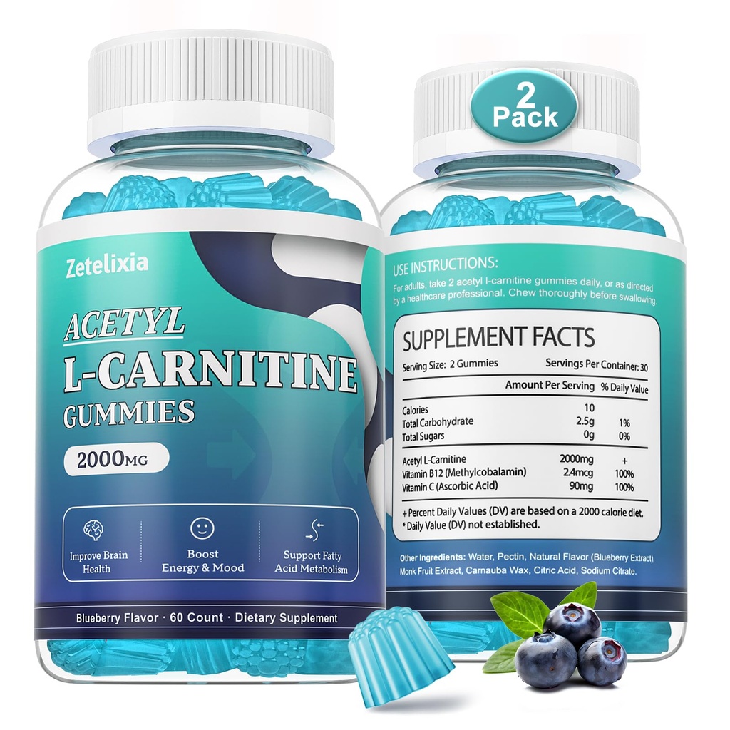 2 pakkaus sokeria ilmaiseksi asetaatti L-karnitiini Gummies, L-karnitiini Supplement for Women & Men, C-vitamiini & B12, ALCAR for Energy, aivojen ja sydämen terveystuki, Vegan, non-GMO, 120 kreivi