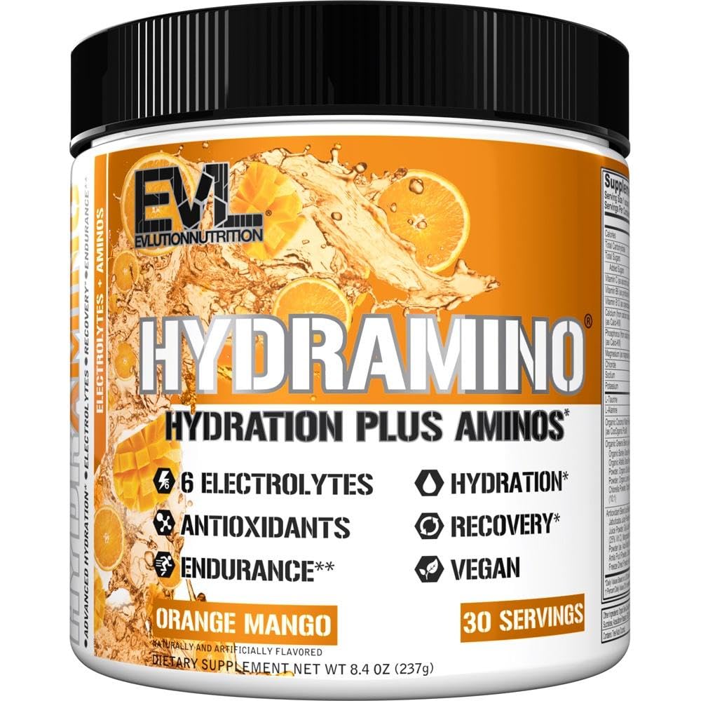 Evlution Nutrition HYDRAMINO Complete Hydration Multiplier, Alla 6 Electrolytes, Vitamin C & B, Fluid Boosting Aminos, Coconut Water, Endurance, Recovery, Antioxidants, 30 Serve, Orange Mango