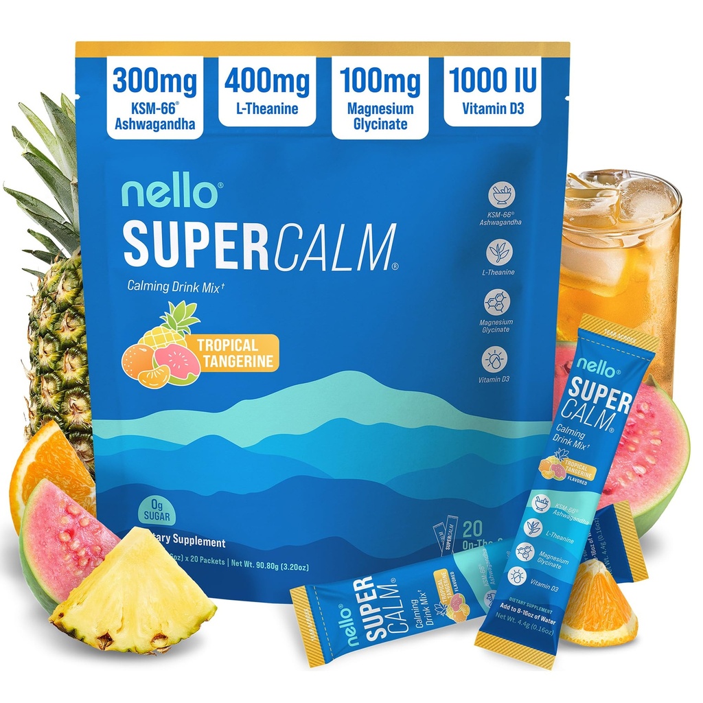 Nello Supercalm Powdered Drink Mix, Trooppinen tangeriini, L Theanine, Ksm-66 Ashwagandha, Magnesium Glycinate, D-vitamiini 3, Lisäravinteet rentoutumista & Focus, Luonnollinen, Ei sokeria, Ei GMO, 20 Srvg