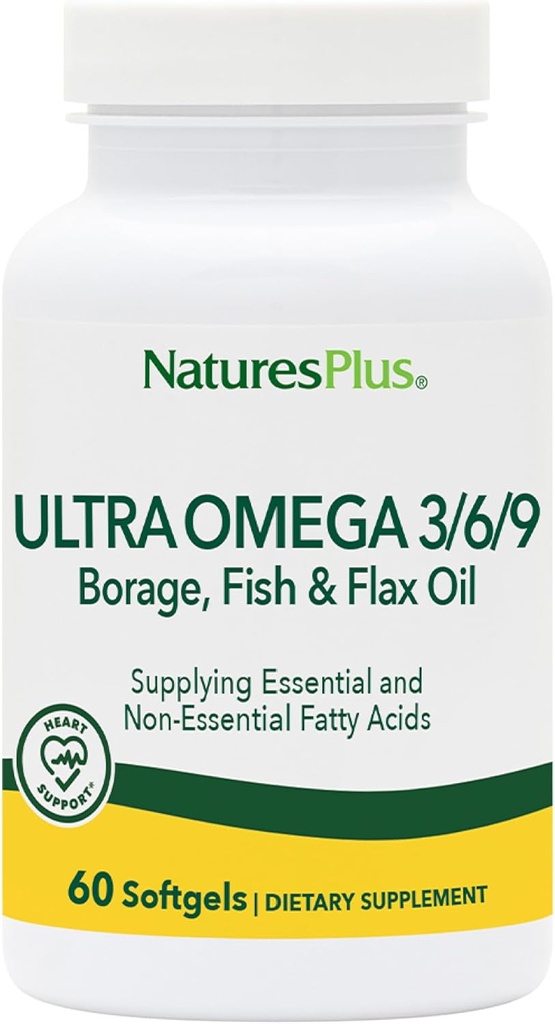 Natures Plus Ultra Omega 3 6 9-1200 mg, 60 Softgels - Borage Oil, Fish Oil, Flax Oil Supplement, Gluteeniton - 60 tarjoilua