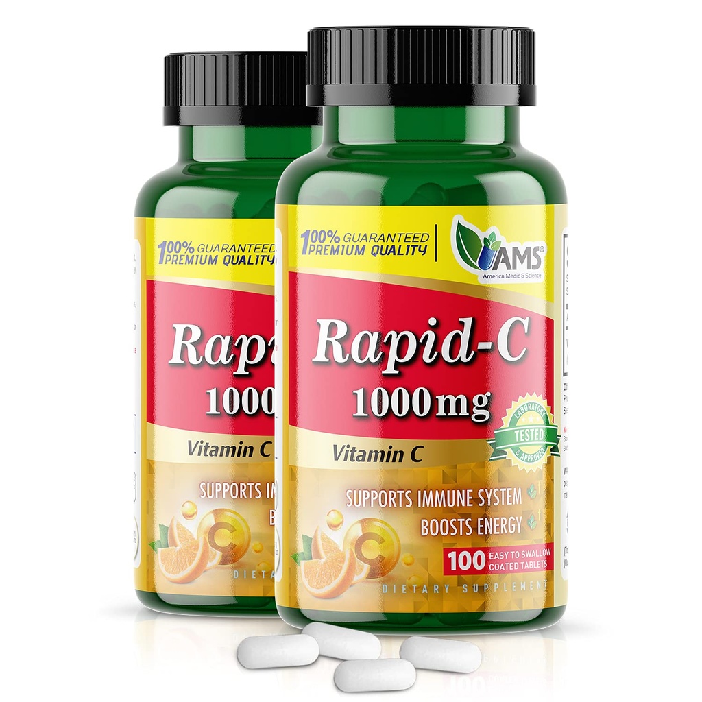 America Medic & Science Rapid-C 1000 mg C-vitamiinin täydennysosa (2 pakkaus 100 tablettia) Energy Booster, Päivittäinen immuunijärjestelmän tuki, antioksidantti Vegaani, ei-GMO päällystetty Askorbiinihappo aikuisille ja naisille