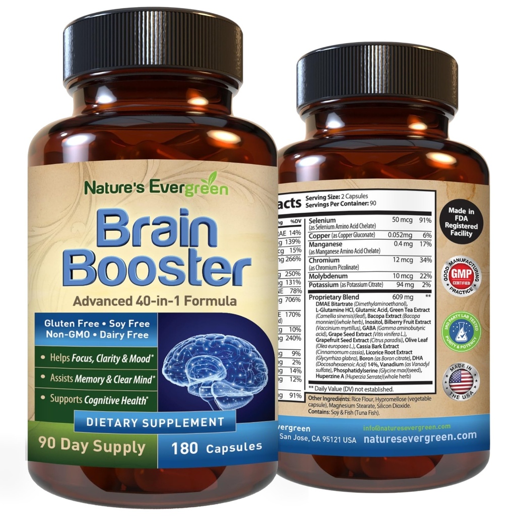 Aivojen Booster 40-in-1 Formula Supplement for Focus, Memory, Clarity, Energy & Women, Cognitive Function Nootropic Support with DMAE, Brain Health Formula 