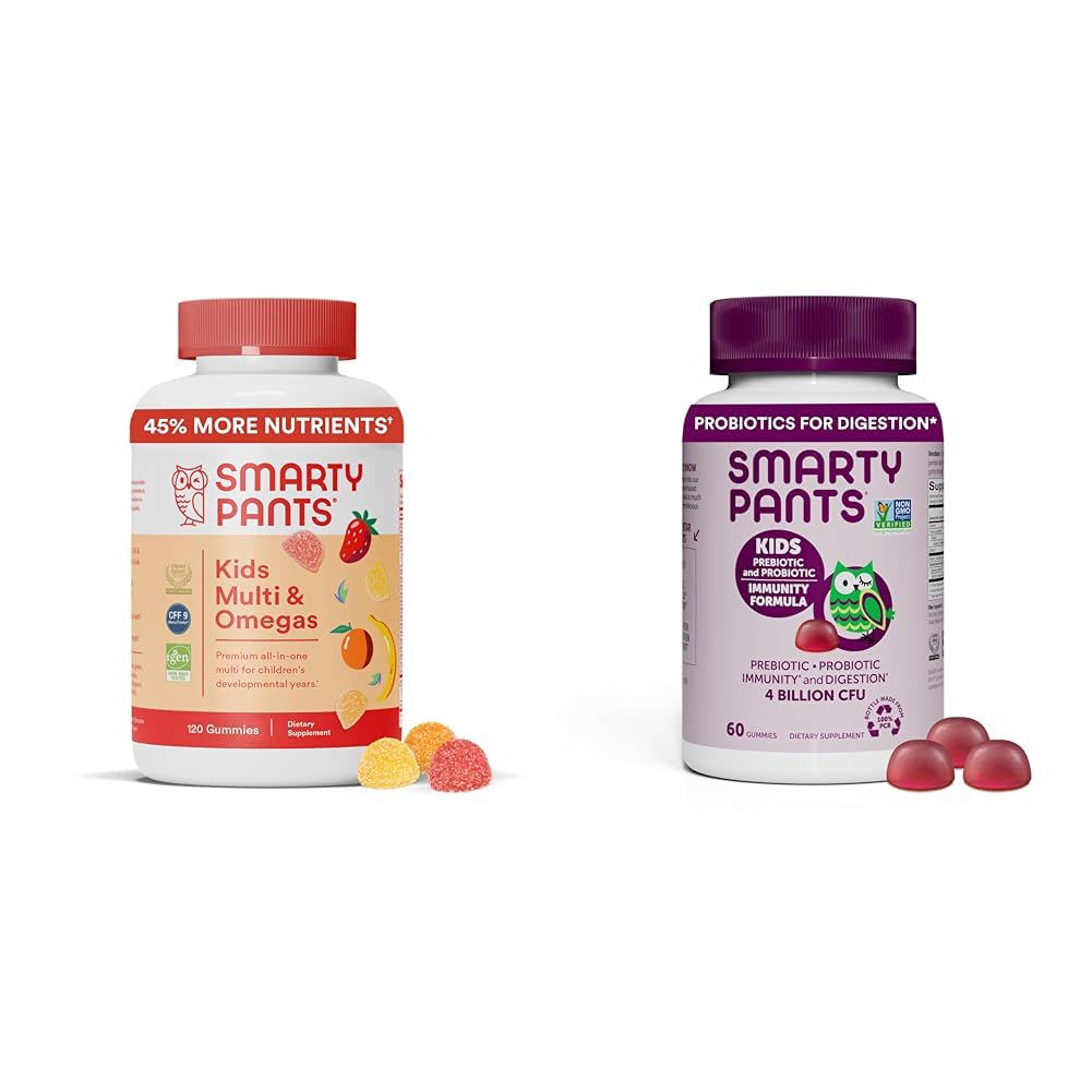 SmartyPants Kids Multivitamiini Gummies ja Probiootti Immuniteetti Bundle: Omega 3 Fish Oil (EPA/DHA), D3-vitamiini, C-vitamiini, B12, B6, Ruoansulatus- ja immuunituki täydentää (30 päivän tarjonta)