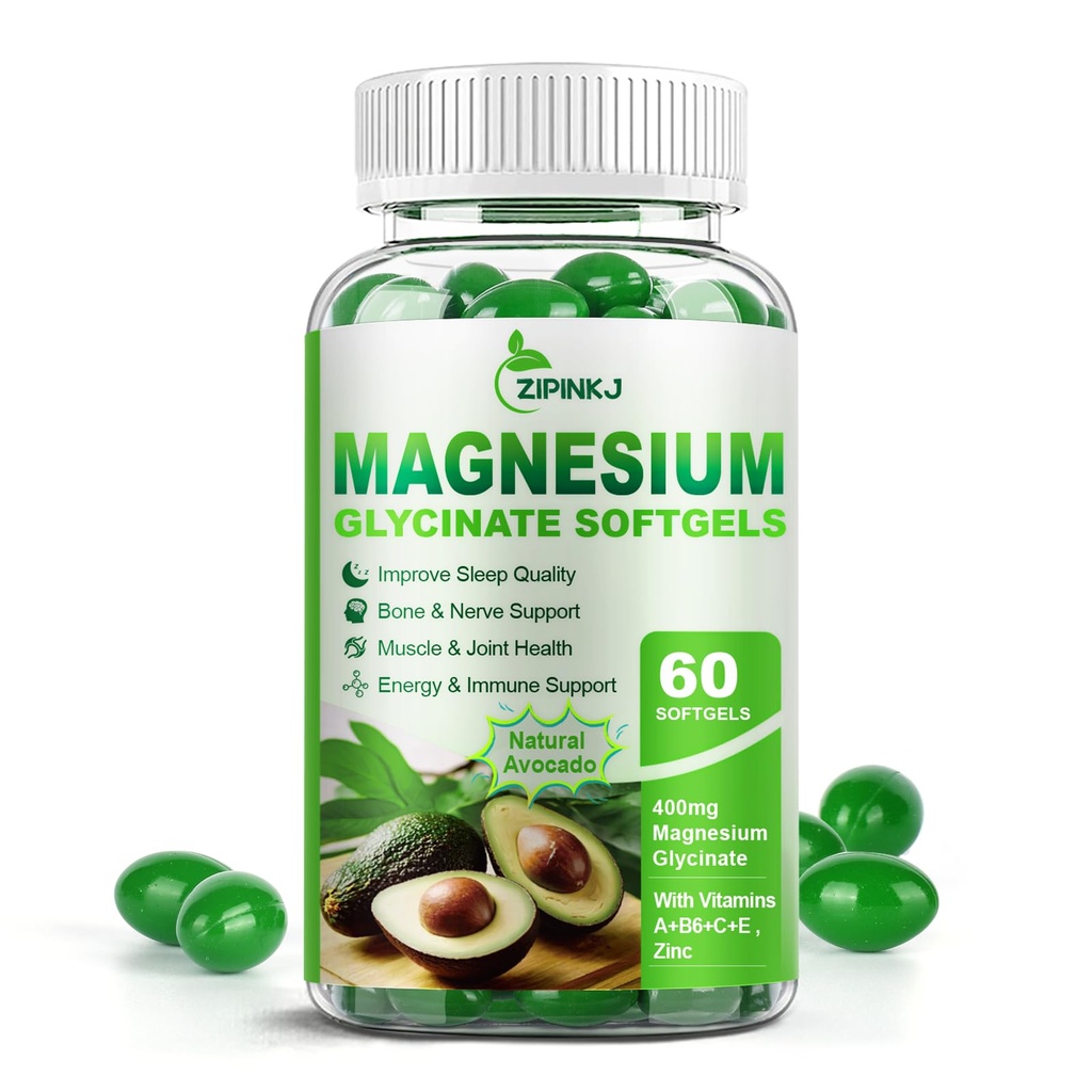 Magnesium Glycinate 400 mg, suuri imeytyminen Magnesiumlisät E-vitamiinia, B6-vitamiinia, sinkkiä unta varten, rauhoittavaa, lihasrelaksaatiota ja luunterveyttä, Gluteeniton, ei-muuntogeenisiä organismeja, 60 pehmogeeliä
