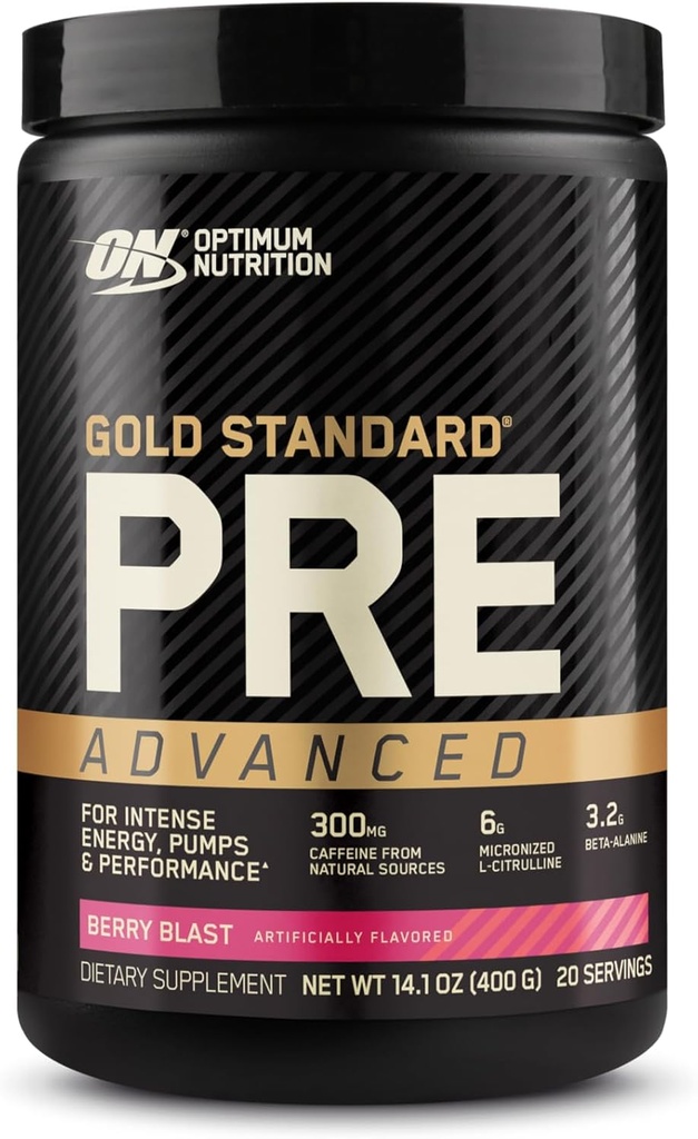 Optimum Nutrition Gold Standard Pre Workout Advanced, med Creatine, Beta-Alanine, Micronized L-Citrulline och koffein för energi, Keto Friendly, Berry Blast, 20 portioner