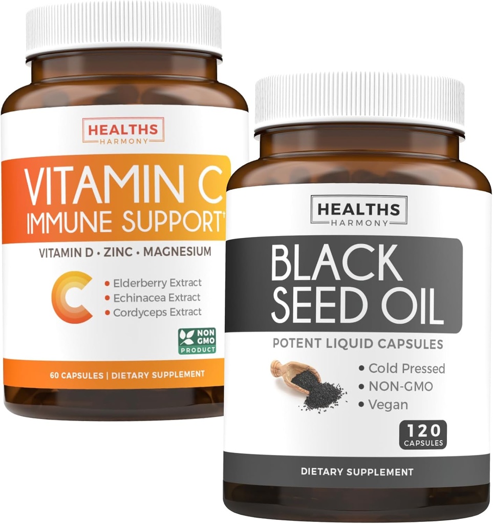 Musta siemen & C-vitamiini (2-kuukautinen toimitus) Täydellinen puolustus Immuuni Bundle musta siemenöljy - Nigellia Sativa Kylmäpuristettu Cumin Seed (120 capules) & C-vitamiinin immuunituki (60 kasvissyöjä tabletit)