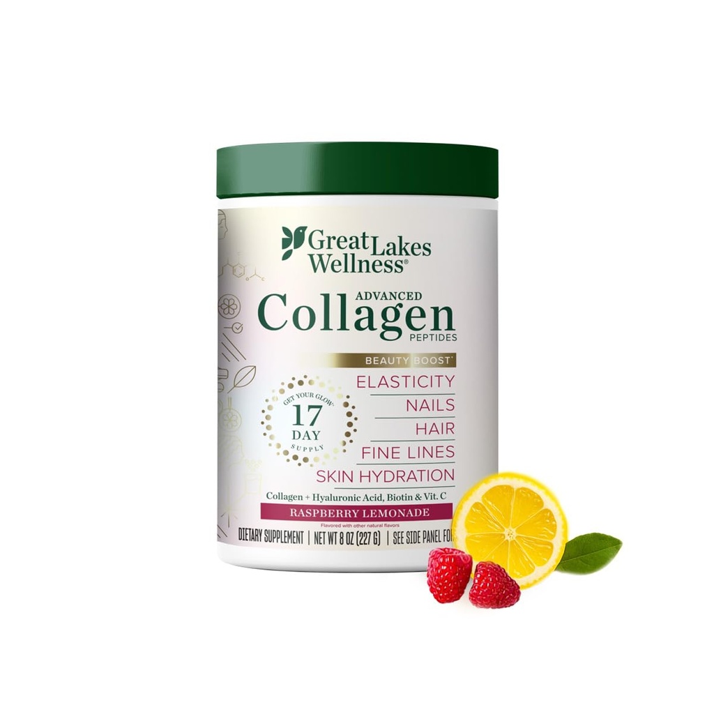 Suuret järvet Hyvinvointi Kauneus Boost Advanced Collagen Peptides Powder with Hyaluronic Acid, Biotin, C-vitamiini - ihon elastisuus ja nesteytys - Vadelma sitruuna sitruuna - ei-GMO, Keto, Kosher - 8 oz