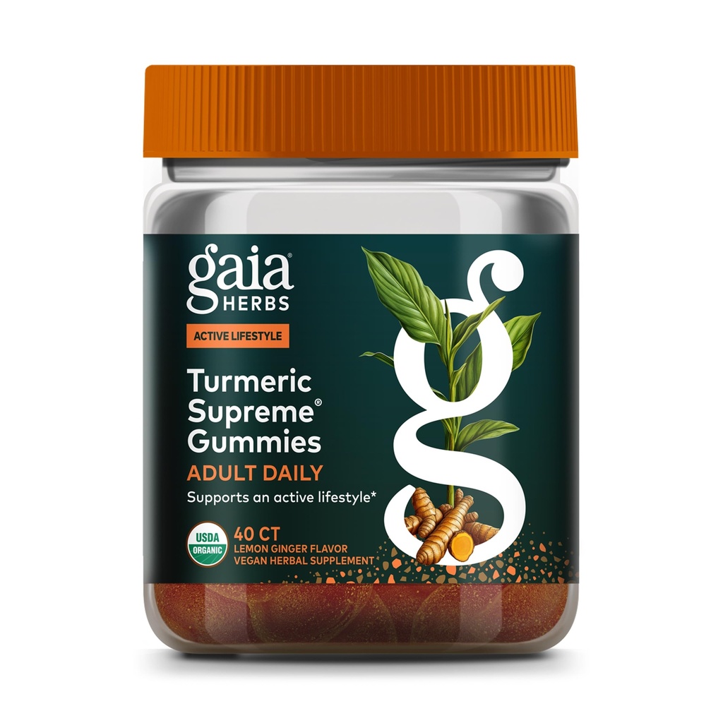 Gaia Yrtit Turmeric Supreme Adult Daily Gummies-Daily Turvotus Tuki Terve, Aktiivinen Life-USDA Certified Organic Blend Turmeeric ja tukea Herbs-40 Gummies(20 päivän tarjonta)