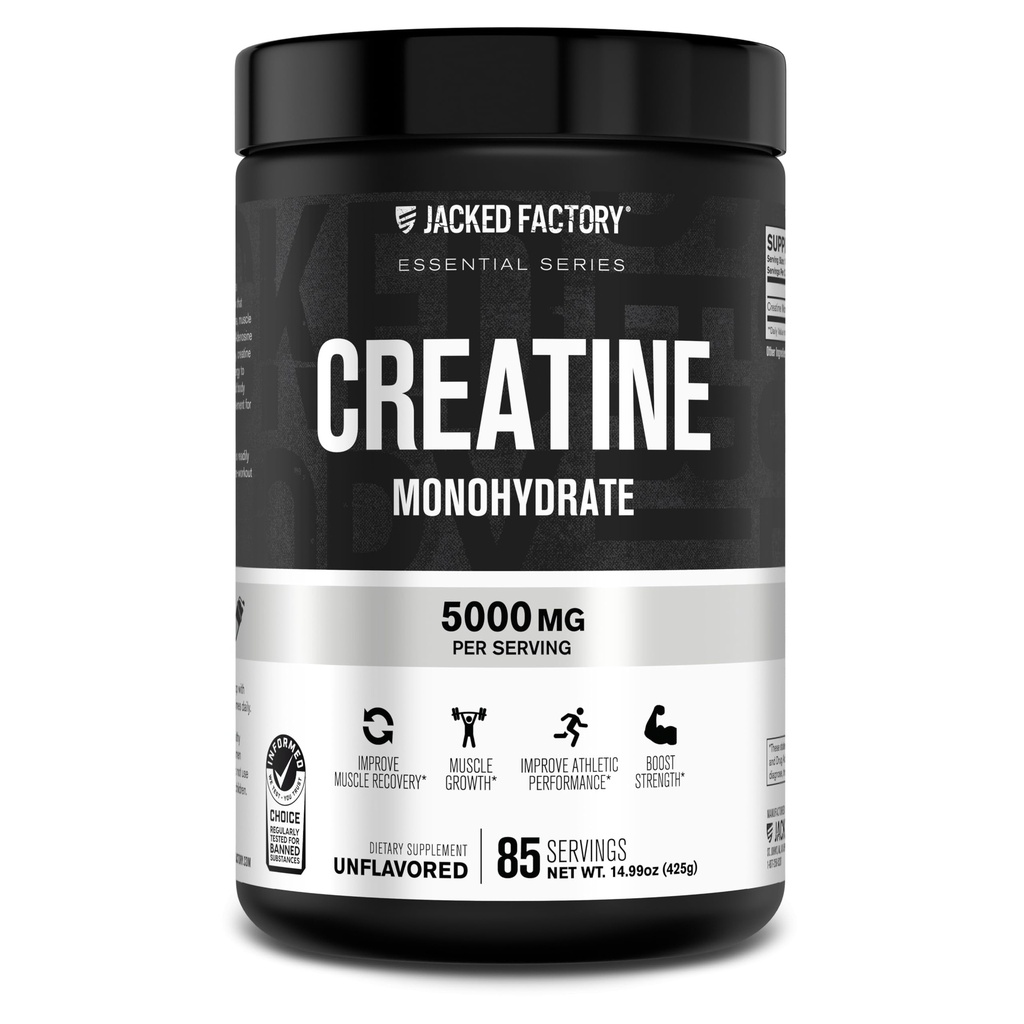 Jacked Factory Creatine Monohydraatti Powder 425g - 5g Päivittäinen Creatine Supplement miesten ja naisten, Vegan-Ystävällinen, kolmannen osapuolen testattu - 85 Tarjoiluja, Mauttomia