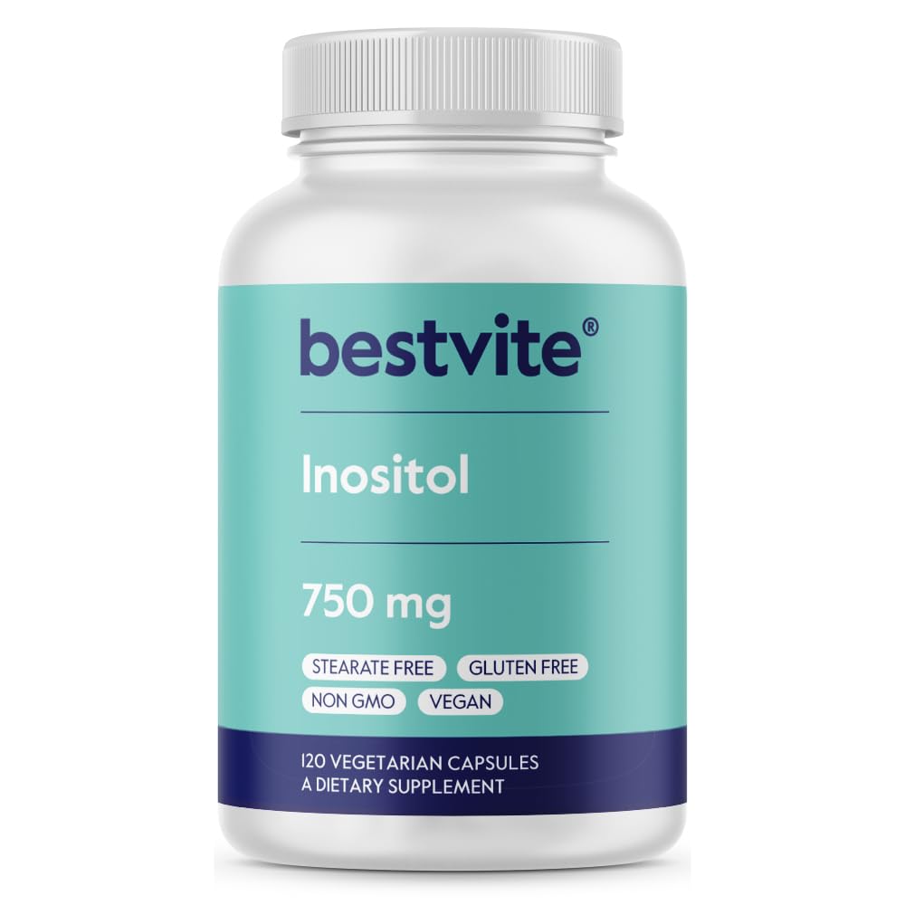 BESTVITE Inositoli 750 mg Myo Inositolina (120 kasviskapselia) - Ei stearaattia - Vegaania - Ei muuntogeenisiä organismeja - Gluteeniton