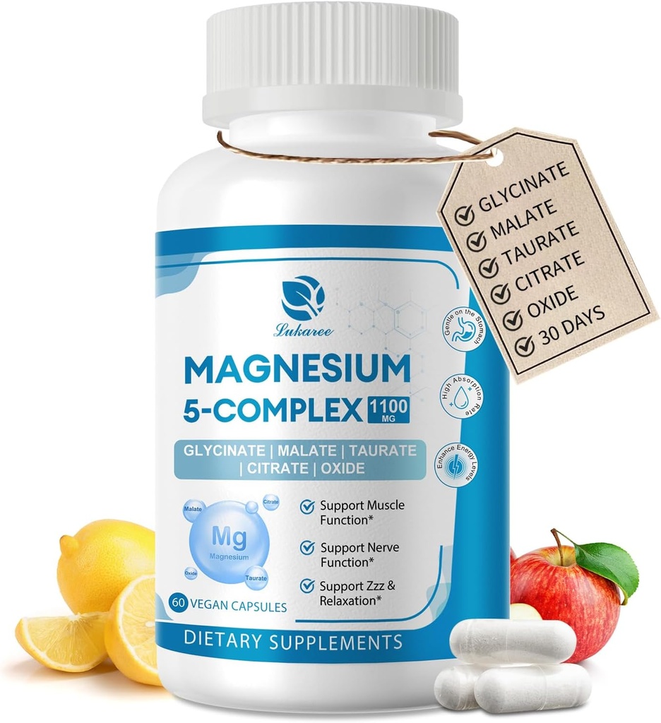 5-i-1 Magnesiumkomplex tillskott med vitaminer och växtbaserade extrakt, 30 dagar leverera med Magnesium Glycinate Citrate Malate Taurate Oxide för Calm Bone Muscle Energy Cortisol Balance, Vegan