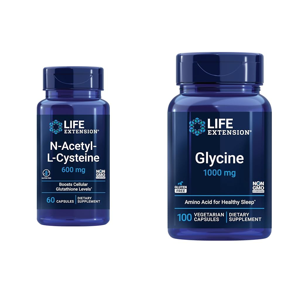 Life Extension N-Acetyl-L-Cysteine (NAC) & Glycine 1000 mg, främjar avkoppling, hälsosam sömn, aminosyra, glutenfri, icke-GMO, vegetarisk, 100 kapslar