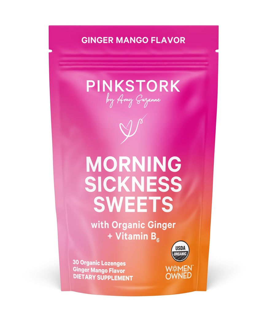 Vaaleanpunainen Stork Aamu Sairaus Sweets, Luomu mango Inkivääri karkkia B6-vitamiini aamupahoinvointi, liikesairaus, prenataalinen närästys - Raskaus on - 30 kääritty tippaa