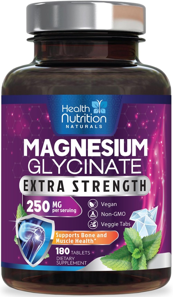 Magnesium Glycinate 250mg - 100% chelated Magnesium för Max Absorption - Sleep Support, Muscle, Nerves, Bone & Heart Health Support, Best Mag Supplement, Vegan Non-GMO, 3rd Party Tested - 180 tabletter