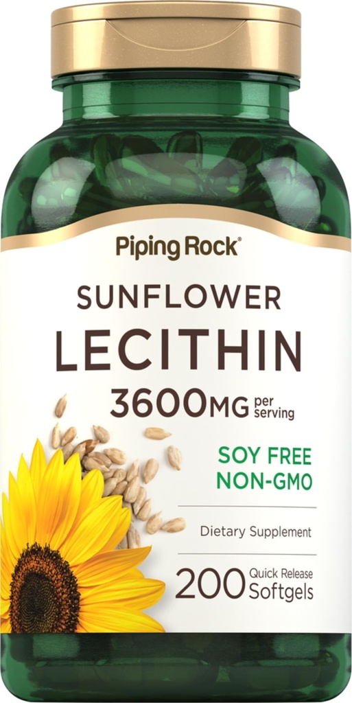 Piping Rock Auringonkukka Lecithin Softgel kapselit ... 3600 mg ... 200 kreivi... Fosfatidyylikoliini... Soijaton, ei-GMO. Gluteeniton