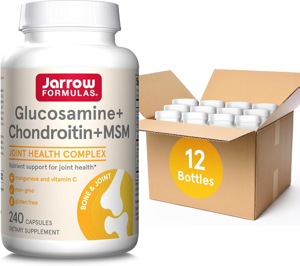 Jarow Formula Glukosamiini + Chondroitin + MSM kapselit, yhteinen tuki täydentää C-vitamiinia ja Mangaania, 240 kapselia, 60 päivän toimitus, pakkaus 12
