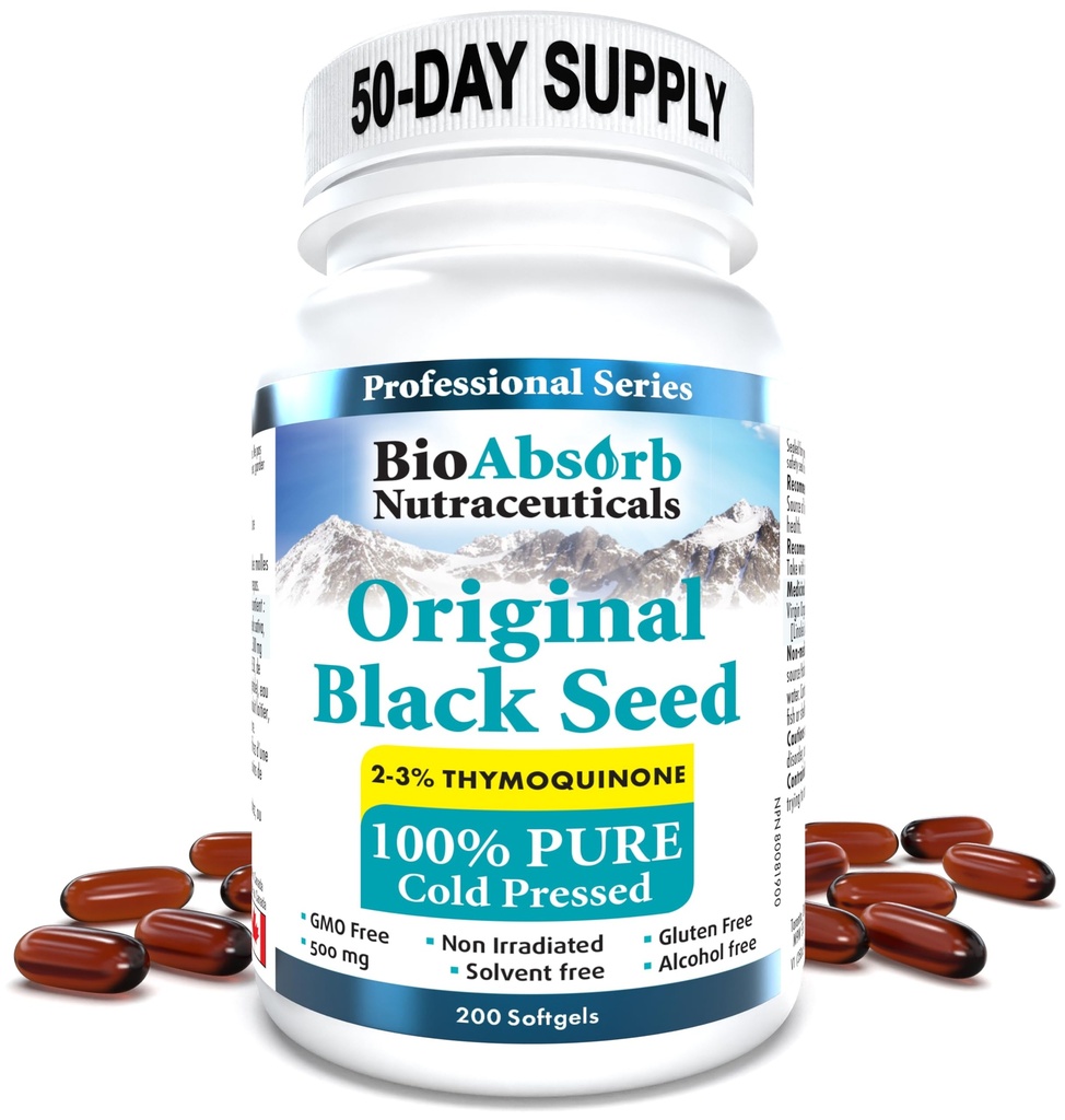 Bio Absorb Black Seed Oil Cold Pressed Capsules. 200 mjukgels, 500mg (50-dagars leverans). Inga Aftertaste.