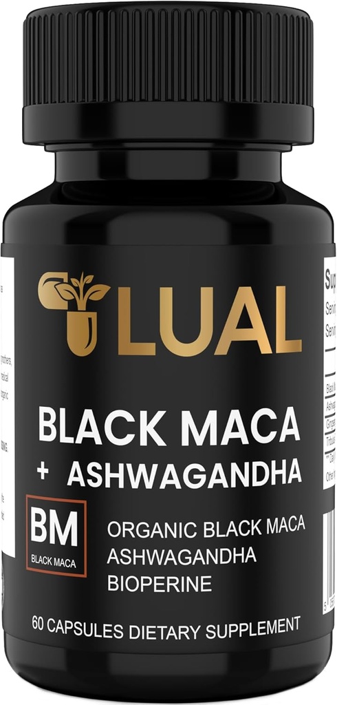 LUAL 30.000mg 30x Vahvuus Organic Black Maca Root Ashwagandha - Korkein vahvuus Musta Maca Root Kapselit miehille - 100% Pure Maca Peruana Powder Organic, Liivate, Ei-GMO - 60 pillereitä