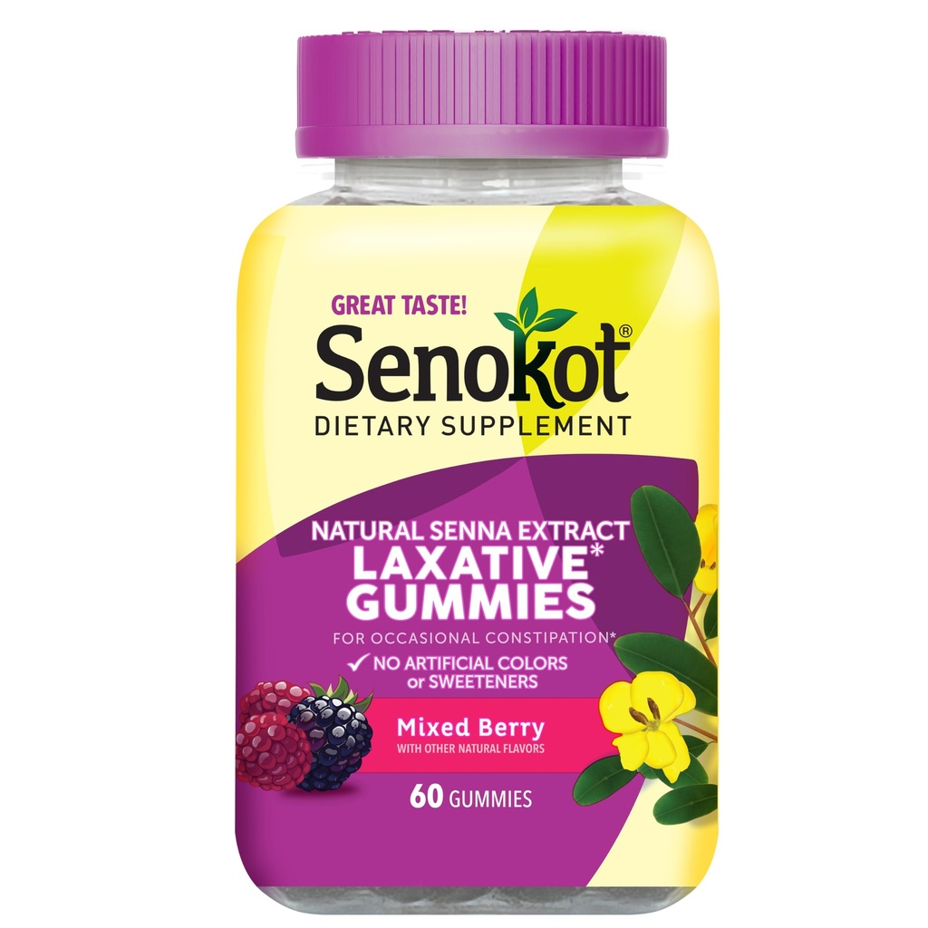 Senokot Dietary Supplement Laksative Gummies, Natural Senna Extract, Hellävarainen, Yöpymisen helpotus satunnaisesta ummetuksesta, Mixed Berry Flavor, 60 Count.