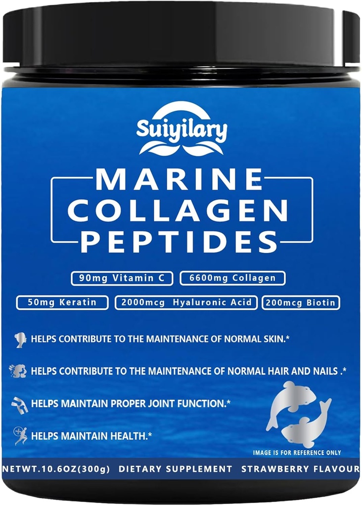 Collagen Peptides Powder for Women, Multi Marine Hydrolysed for Healthy Hair, Skin, Nails with Hyaluronic Acid, Biotin, C-vitamiini, 30 Servings (10.6 OZ, Mansikka)