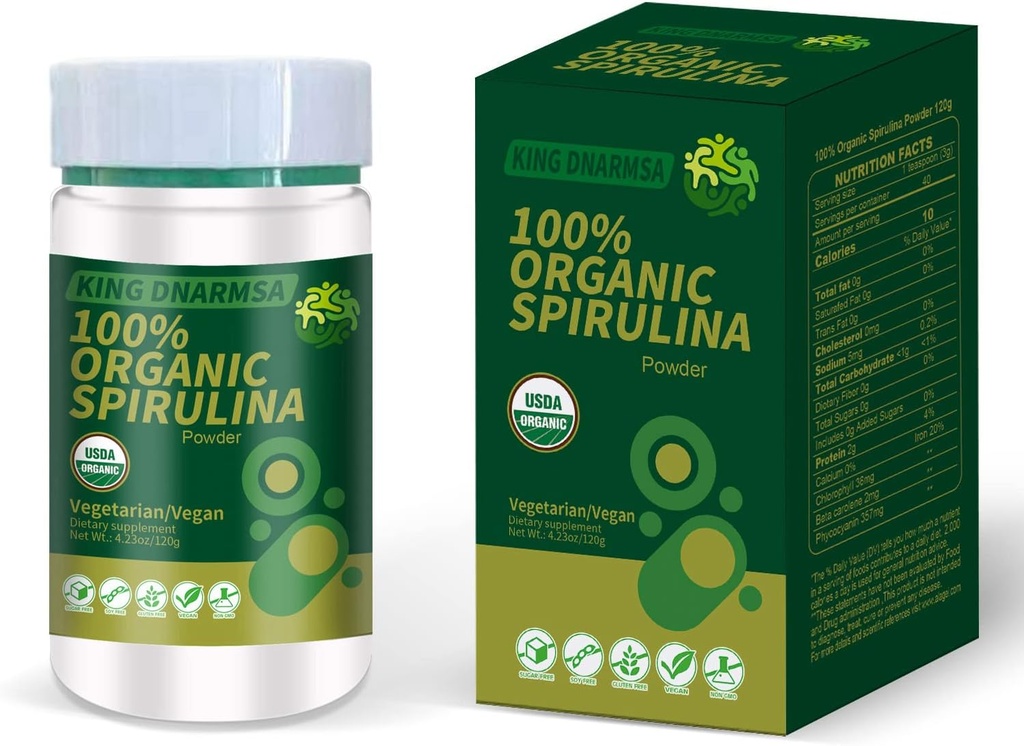 Certifierad 100% Organic Spirulina Powder 4.23oz / 120g Rich i Rich i Beta-Carotene (Vitamin A) och B-12 med naturligt Occurring GLA,Vega Non-GMO-Superfood Supplement